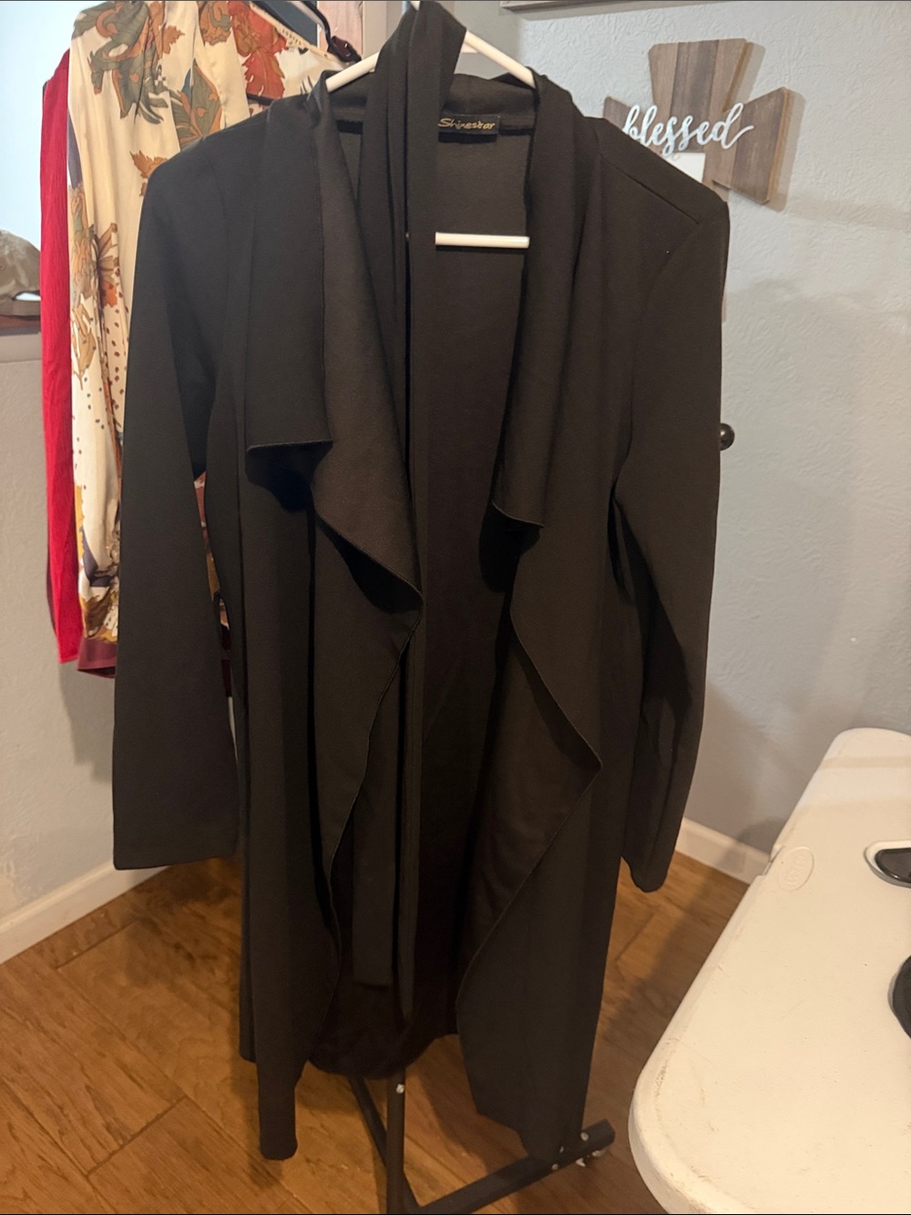 Shinestar Black Draped Open-Front Pea Coat